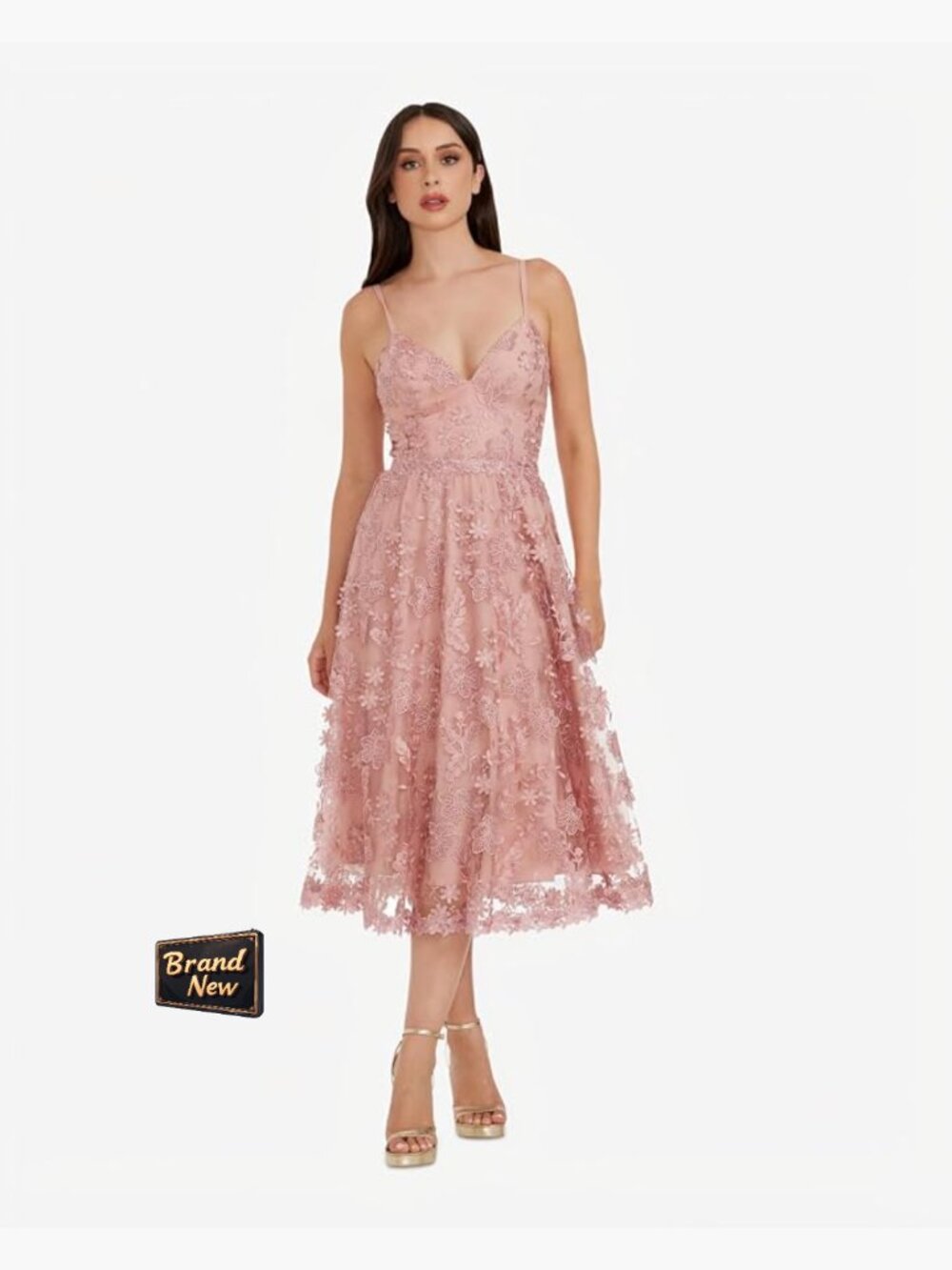 Floral Embroidered Plunge Midi Dress | Fit & Flare | Zipper Back